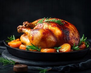 Roasted chicken with rosemary and oranges on a black platter.