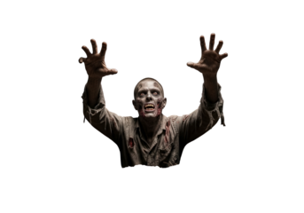 A terrifying zombie with outstretched arms and a gruesome expression, isolated on a transparent background, emerging from the darkness to grab its next victim, embodying horror and the undead