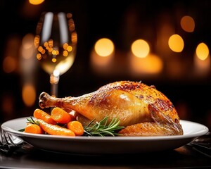 Roasted chicken with carrots and rosemary on a white plate with a glass of wine in the background.