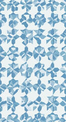 Geometric pattern of blue and white shapes creates a unique design.