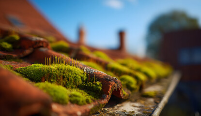 Moss grows on the weathered red tiles of an old roof in the countryside, creating a textured and aged aesthetic against a clear blue sky.