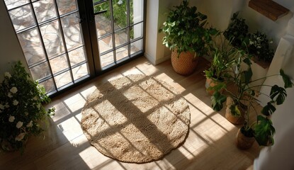 Sunlight streams through a doorway onto a beige rug