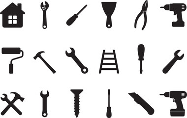 Home Repair Tools Icon Set Silhouette Vector Illustration Bundle for DIY and Construction. Home Renovation Tools Symbol
