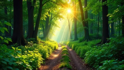 A sun-dappled path winds through a lush, green forest, sunlight filtering through the leaves creating a magical atmosphere Perfect for nature, travel, and adventure themes , backdrop, spring