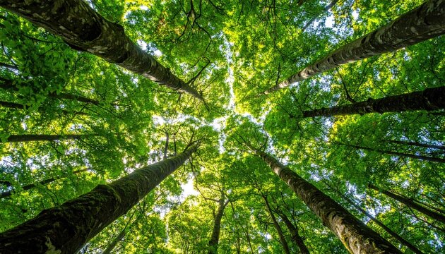 Upward view through a dense forest canopy with bright green leaves against a sunny sky, showcasing nature's verticality