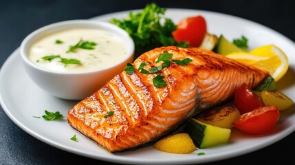 Grilled salmon fillet with vegetables and a creamy sauce.