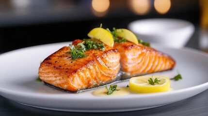 Closeup of grilled salmon fillet with lemon slices and herbs on a white plate.