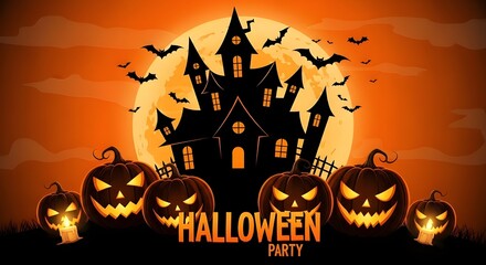 "HALLOWEEN PARTY" text with haunted house, full moon, glowing jack-o'-lanterns, and flying bats