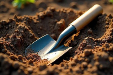 A sturdy metal land shovel with a wooden handle, lying on freshly tilled earth, ready for gardening or landscaping work Sunlight glints off its polished surface , tools, effort, new