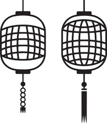 Black and White Line Art Chinese Paper Lanterns Traditional Hanging Vector