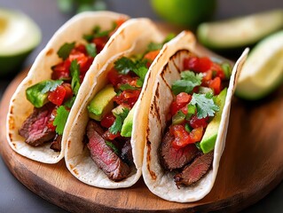 Delicious steak tacos with avocado and salsa