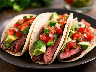 Juicy steak tacos with fresh salsa and avocado, soft tortillas, vibrant and colorful presentation