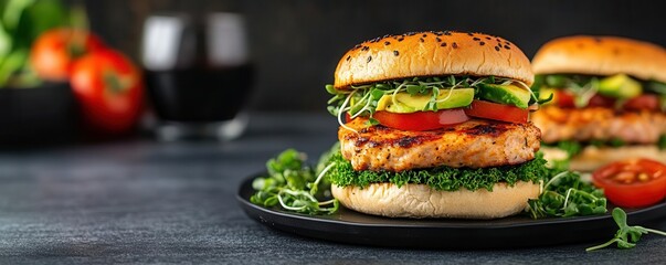 Closeup of a delicious avocado burger with fresh basil and greens.