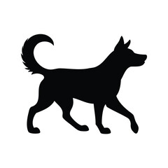 Black Silhouette of a Dog Walking with Curled Tail Against White Background, dog chasing tail silhouette vector illustration