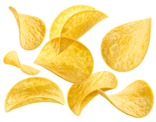 Potato chips, various shapes and sizes, golden yellow, scattered