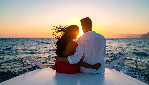 Couple embraces at sunset on a boat