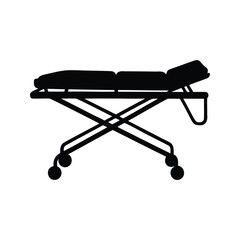 Silhouette of a hospital gurney with adjustable headrest and wheels on white, hospital stretcher silhouette vector illustration