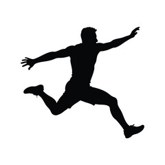 Silhouette of a muscular man in midair leaping or running, action pose, male athlete high jumping silhouette vector illustration