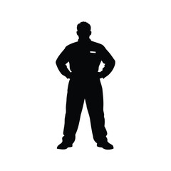 Silhouette of a person in overalls with hands on hips, standing confidently, mechanic in coveralls silhouette vector illustration