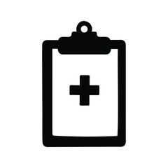 Black silhouette clipboard with medical cross isolated on white background drawing, medical clipboard silhouette vector illustration