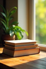 A stack of spiritual books sits on a wooden table, bathed in soft sunlight, creating a serene and inviting atmosphere for mindful reading and self-discovery ,  christianity,  yoga,  peace