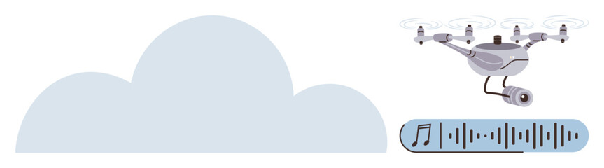 Flying quadcopter equipped with a microphone hovering near a cloud and audio waveform. Ideal for technology, AI, aerial surveillance, data recording, communication, innovation, automation. Simple flat