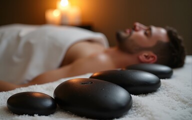 Male spa setting with black hot stones. High quality