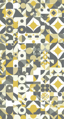 Geometric pattern with yellow and gray shapes in a mosaic design.