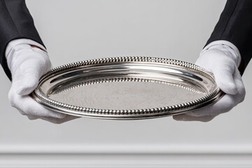 A silver serving tray held by gloved hands