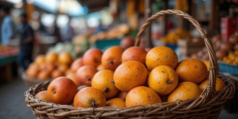 Rustic Mango Delight  A woven basket of ripe mangoes captured at a market, with a blurred background to emphasize the textures.