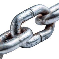 Closeup of a weathered, heavy-duty metal chain link, showcasing its rusty texture and robust construction, isolated against a bright background