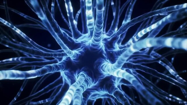 Close-up of glowing neural network with pulsing synapses in deep blue light.