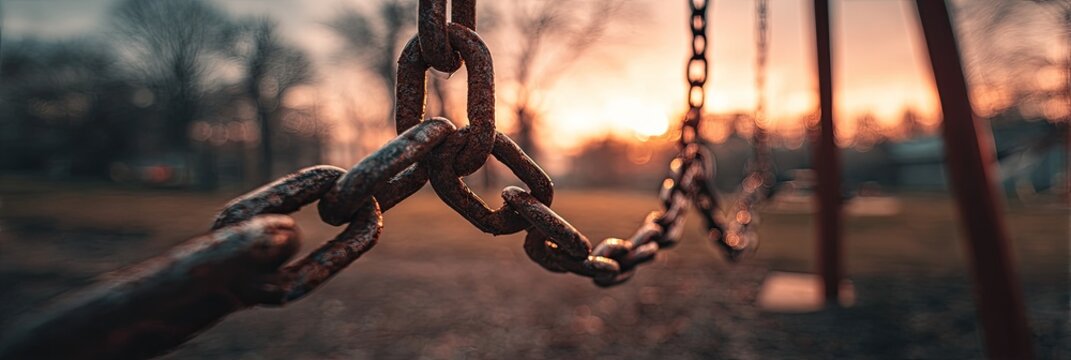 Rusty chains on a swing set at sunset.  Close-up view of interconnected metal links against a blurred backdrop of a park at dusk