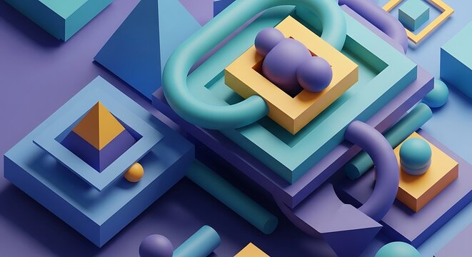 Abstract Geometric Shapes Composition Colorful Isometric Art