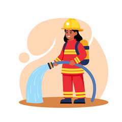 Naklejka premium Female firefighter character in uniform holding a water hose to extinguish a fire. Professional rescuer vector illustration for design
