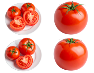 Four vibrant red tomatoes, two whole and two halved, arranged on white plates