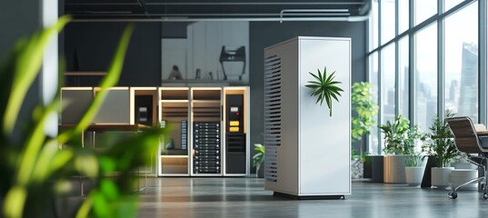 Modern server rack with plant in office space with large windows indoors