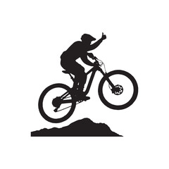 Fototapeta premium Black and white silhouette of a mountain biker riding a bike with one hand in the air, giving a thumbs-up. 
