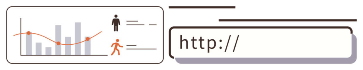 Bar and line graph, human figures, and URL input bar represent data analytics, user management, internet, web search, business, statistics and technology. Minimal simple flat metaphor