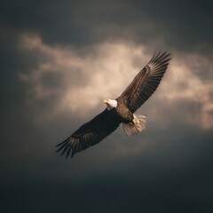 Obraz premium Majestic bald eagle soaring powerfully through dramatic storm clouds Freedom strength and grace captured in flight bird of prey symbol of independence