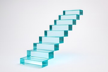 Obraz premium Modern Minimalist Staircase with Transparent Glass Steps in 3D Rendering – Contemporary Interior Decor and Architecture Featuring Blue Tint and Geometric Shapes