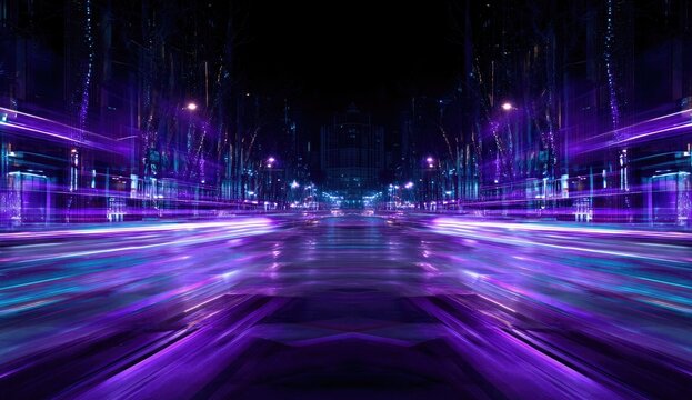 Futuristic city street at night with vibrant light trails - Powered by Adobe