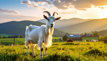 Fototapeta premium White goat in a meadow at sunset