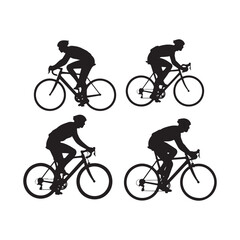 Fototapeta premium Black and white silhouettes of cyclists in dynamic poses, riding road bikes on a white background.