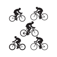 Fototapeta premium Black and white silhouettes of cyclists in dynamic poses, riding road bikes on a white background.