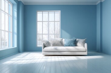 Light-filled, modern living room with a light blue color scheme