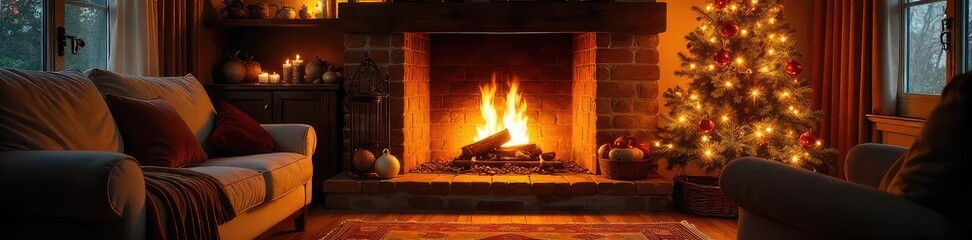 Warm, inviting hearth glowing brightly, casting a welcoming ambiance on a cozy living room Perfect for home, comfort, and holiday themes Ready for your next project , chimney, welcoming, light