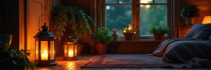 Warm, inviting glow of lanterns illuminating a cozy home interior at night Soft light creates a peaceful and serene atmosphere, perfect for relaxation A charming domestic scene , furniture, decor
