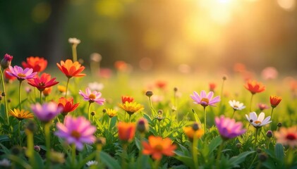 Vibrant wildflowers in full bloom, bathed in the warm glow of the spring sun A lush meadow scene bursting with new life and color, perfect for springtime themes , life, spring flowers