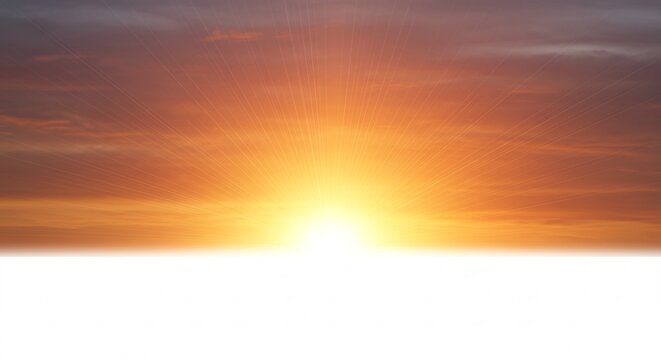 燃える夕焼け空 輝く太陽 穏やか光線 美しい水平線. AI Generated